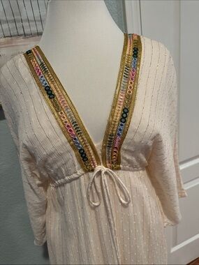 Omango by Lazy Daisy Sz L/XL Cream Boho V-Neck Maxi Dress with Beaded Trim